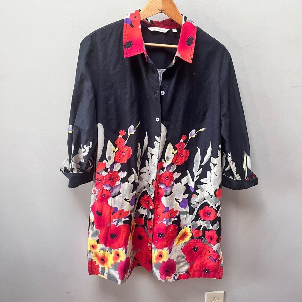Soft Surroundings Floral Provence Shirt Dress Black/Red Sz Medium